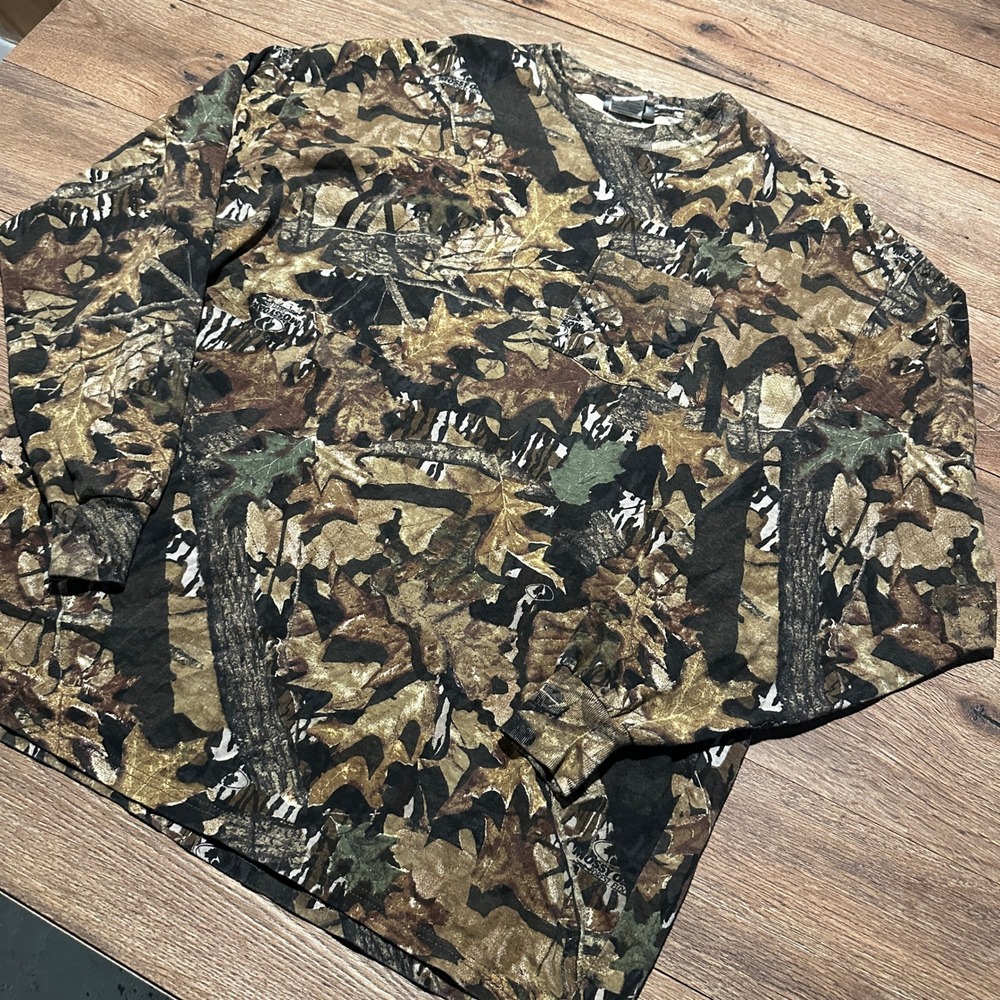 Vintage Jerzees Mossy Oak Camo Long Sleeve Pocket T Shirt Mens 2XL Forest Floor